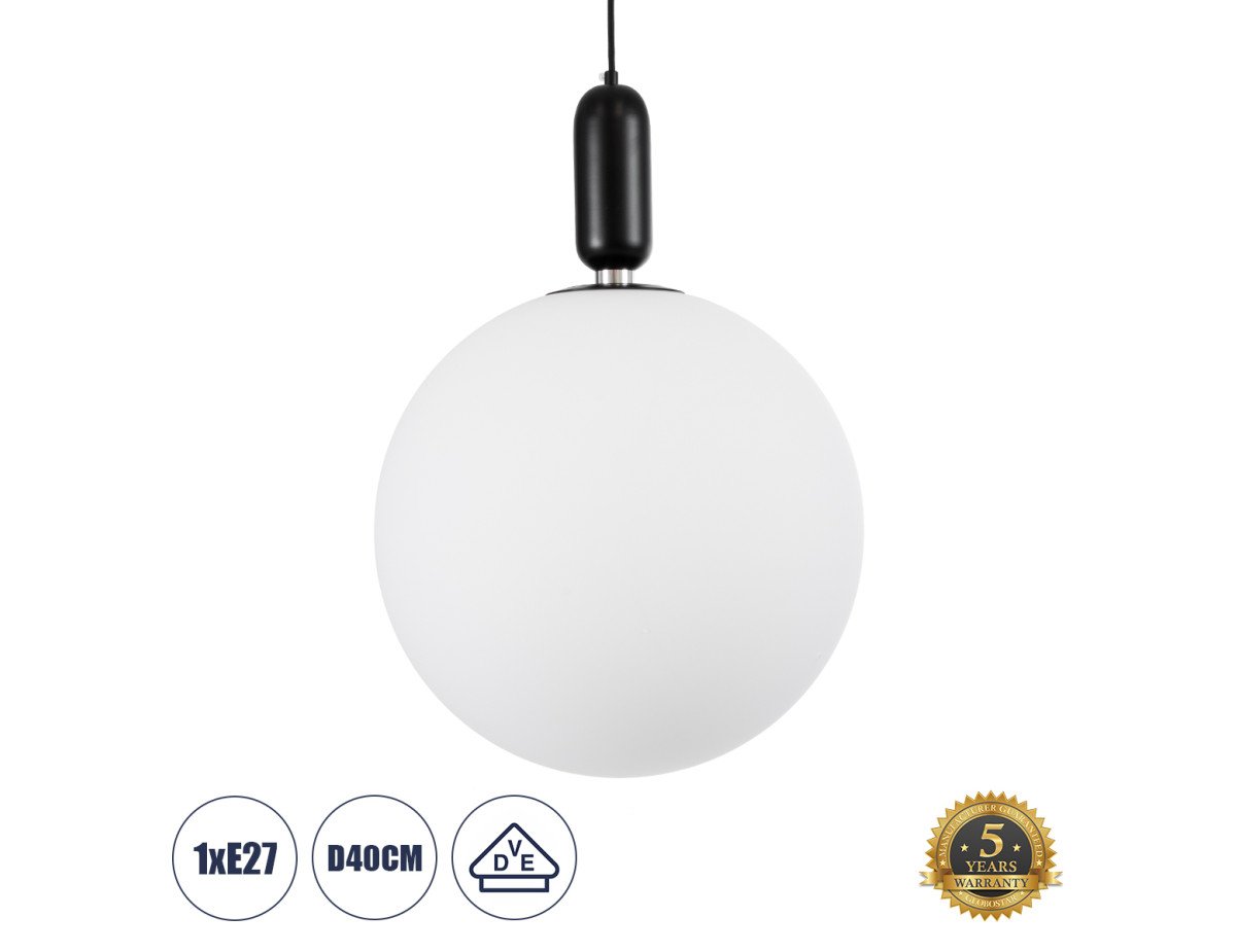 GloboStar® ESTETICO 61497 Μοντέρνο Κρεμαστό Φωτιστικό Οροφής Μονόφωτο 1 x E27 Γαλακτερή Γυάλινη Μπάλα με Μεταλλικό Μαύρο Ματ Σώμα Φ40 x Υ58cm