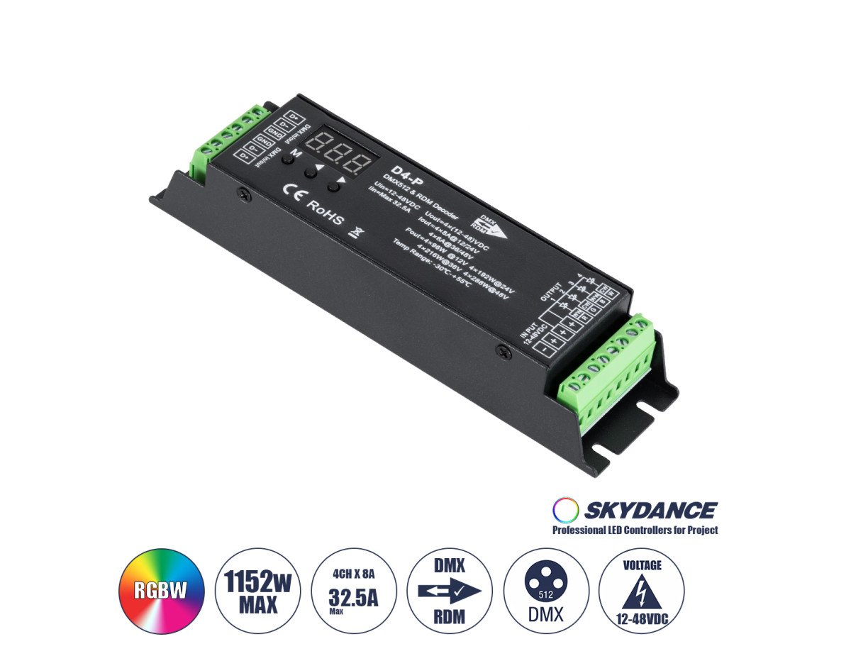 GloboStar® 70669 D4-P SKYDANCE DC DMX & RDM Dimmer High Speed Controller / Decoder 4 Καναλιών DC 12-48V 4 x 8A 384W - Max 32.5A 1152W - IP20 Μ17.5 x Π4.5 x Υ2.8cm - 5 Years Warranty