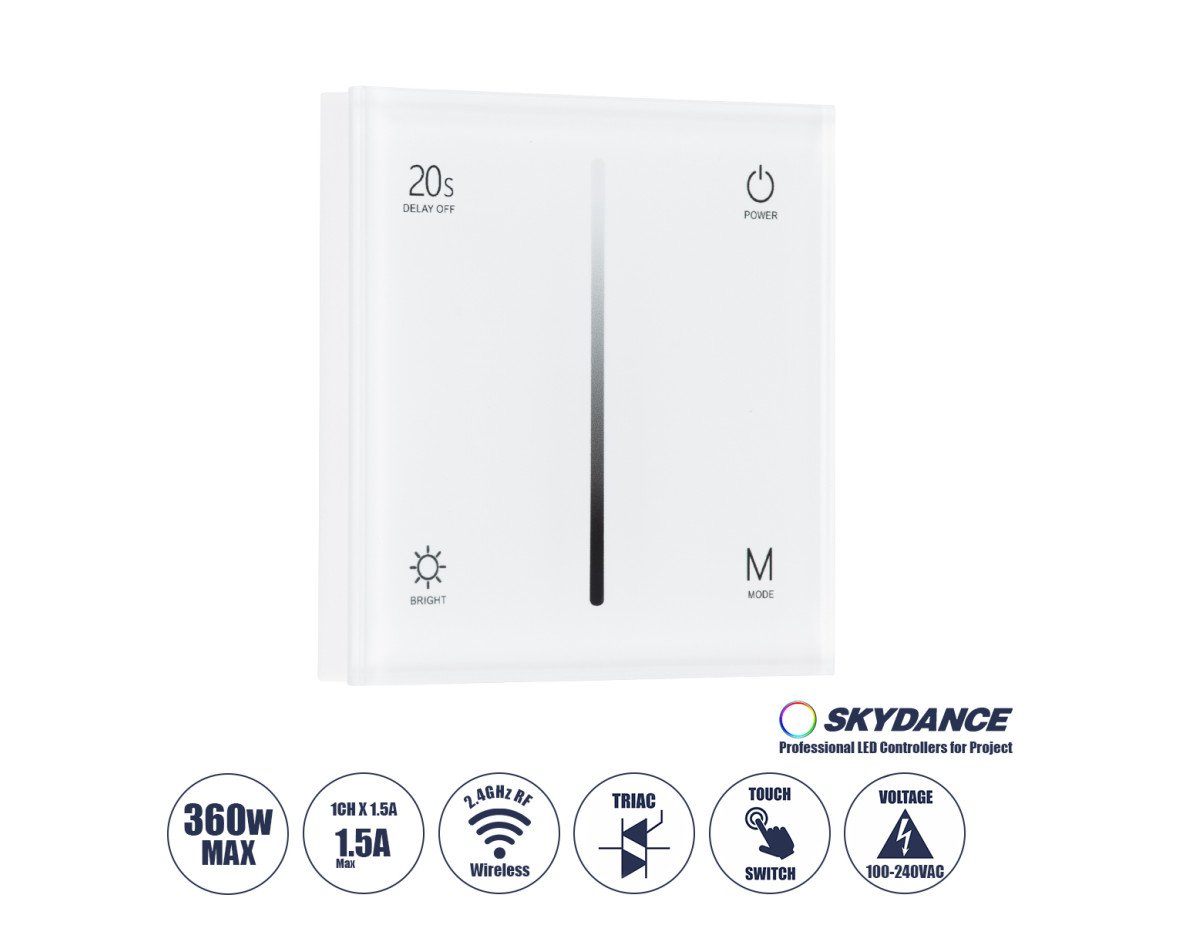 GloboStar® 71452 S1-T SKYDANCE AC Smart RF 2.4Ghz & Αφής - Touch Triac Dimming AC100-240V σε AC100-240V 1 x 1.5A 360W - Max 1.5A 360W - IP20 - Λευκό Σώμα - Μ8.5 x Π8.5 x Υ3.2cm - 5 Years Warranty