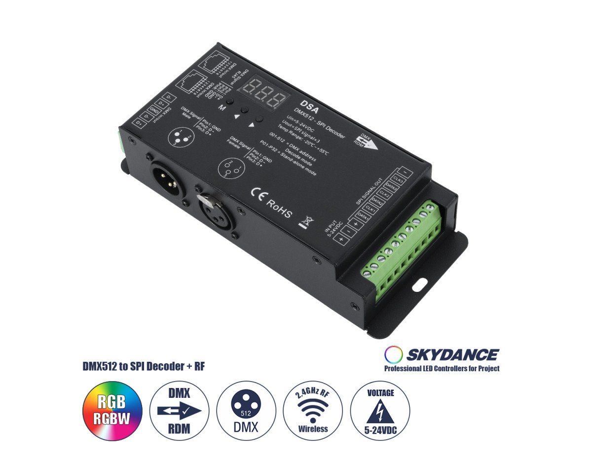 GloboStar® 73141 DSA SKYDANCE DC RF 2.4Ghz DMX512 to SPI Decoder DC 5-24V - IP20 Π16.5 x Π7 x Υ3.7cm - 5 Χρόνια Εγγύηση