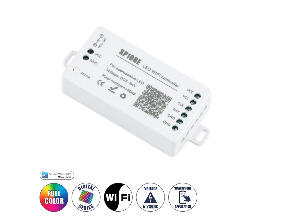 GloboStar® 73409 SP108E Ασύρματος WiFi LED FULL COLOR Magic Digital Pixel Controller iOS/Android για LED Digital Πολύχρωμα και Μονόχρωμα Προϊόντα DC 5-24V 1 x 2048 IC Max