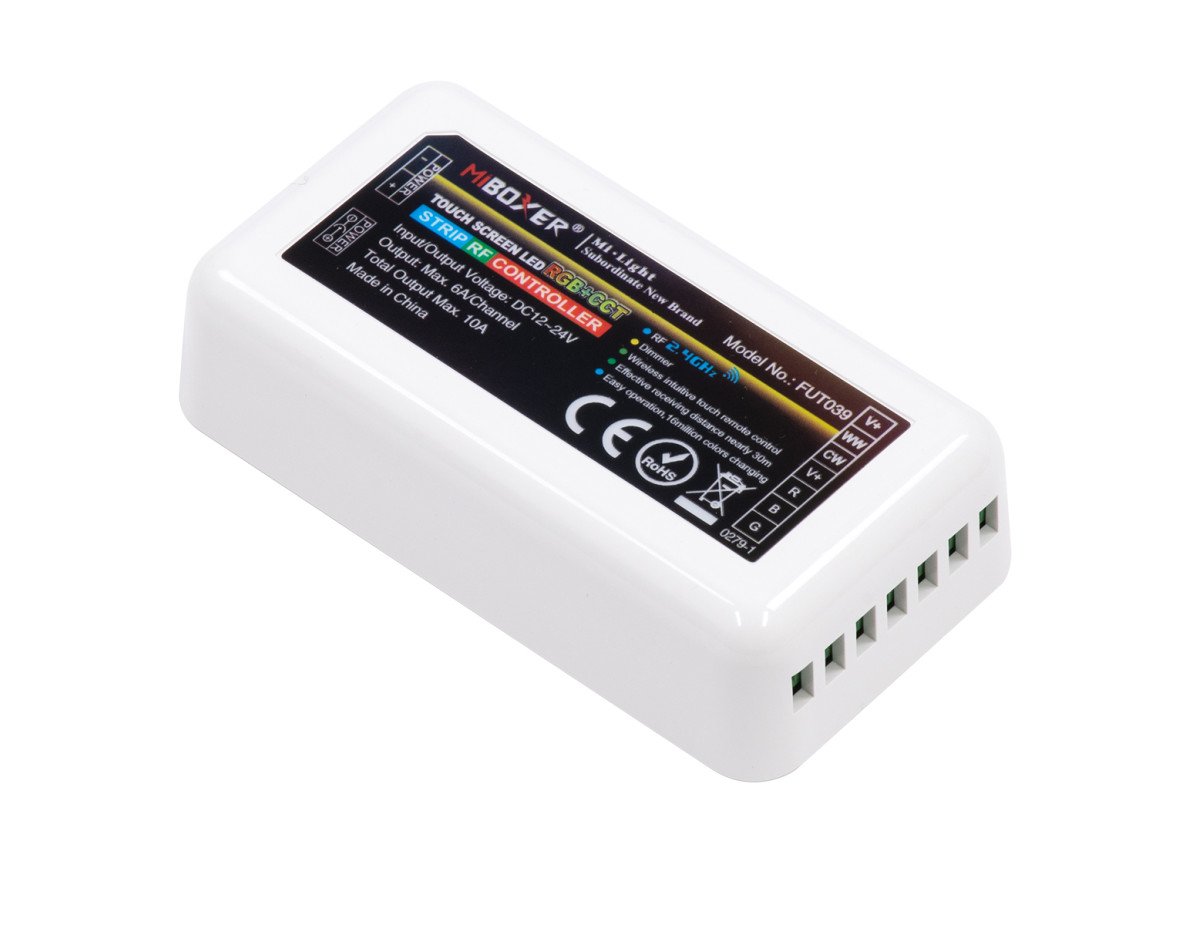 GloboStar® 73433 FUT039 Mi-BOXER DC RF 2.4Ghz 5 in 1 High Speed Controller / Dimmer 5 Καναλιών DC 12-24V 5 x 6A 144W - Max 10A 240W - IP20 RGBW+WW - Μ8.5 x Π4.5 x Υ22cm - 5 Years Warranty