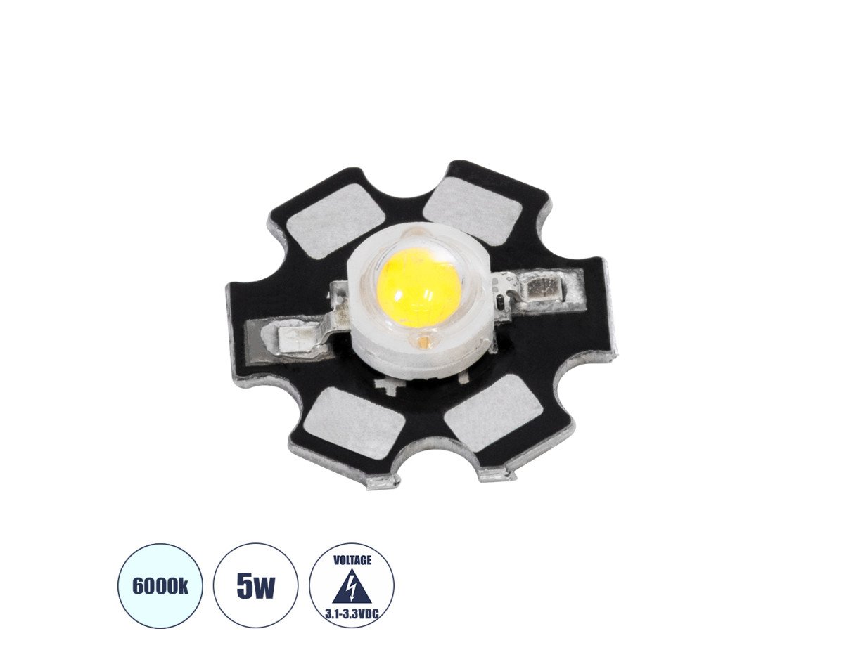 GloboStar® 73742 High Power Star LED - Υψηλής Ισχύος Star LED 5W DC 3.2V Ψυχρό Λευκό 6000K Φ2 x Υ0.6cm - 2 Χρόνια Εγγύηση