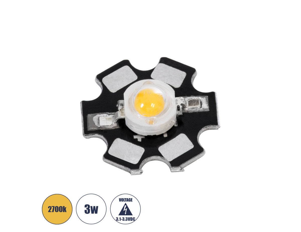 GloboStar® 73744 High Power Star LED - Υψηλής Ισχύος Star LED 3W DC 3.2V Θερμό Λευκό 2700K Φ2 x Υ0.6cm - 2 Χρόνια Εγγύηση