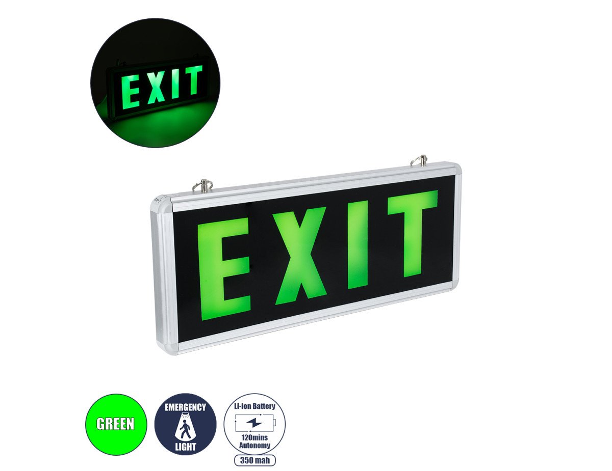 GloboStar® 75663 Κρεμαστό Φωτιστικό Ένδειξης EXIT LED 1W AC 220-240V Μονής Όψης με Επαναφορτιζόμενη Μπαταρία 350mAh - 120 Λεπτά Αυτονομία - IP20 - Σώμα Αλουμινίου - Μ35 x Π14 x Υ3.3cm - Πράσινο