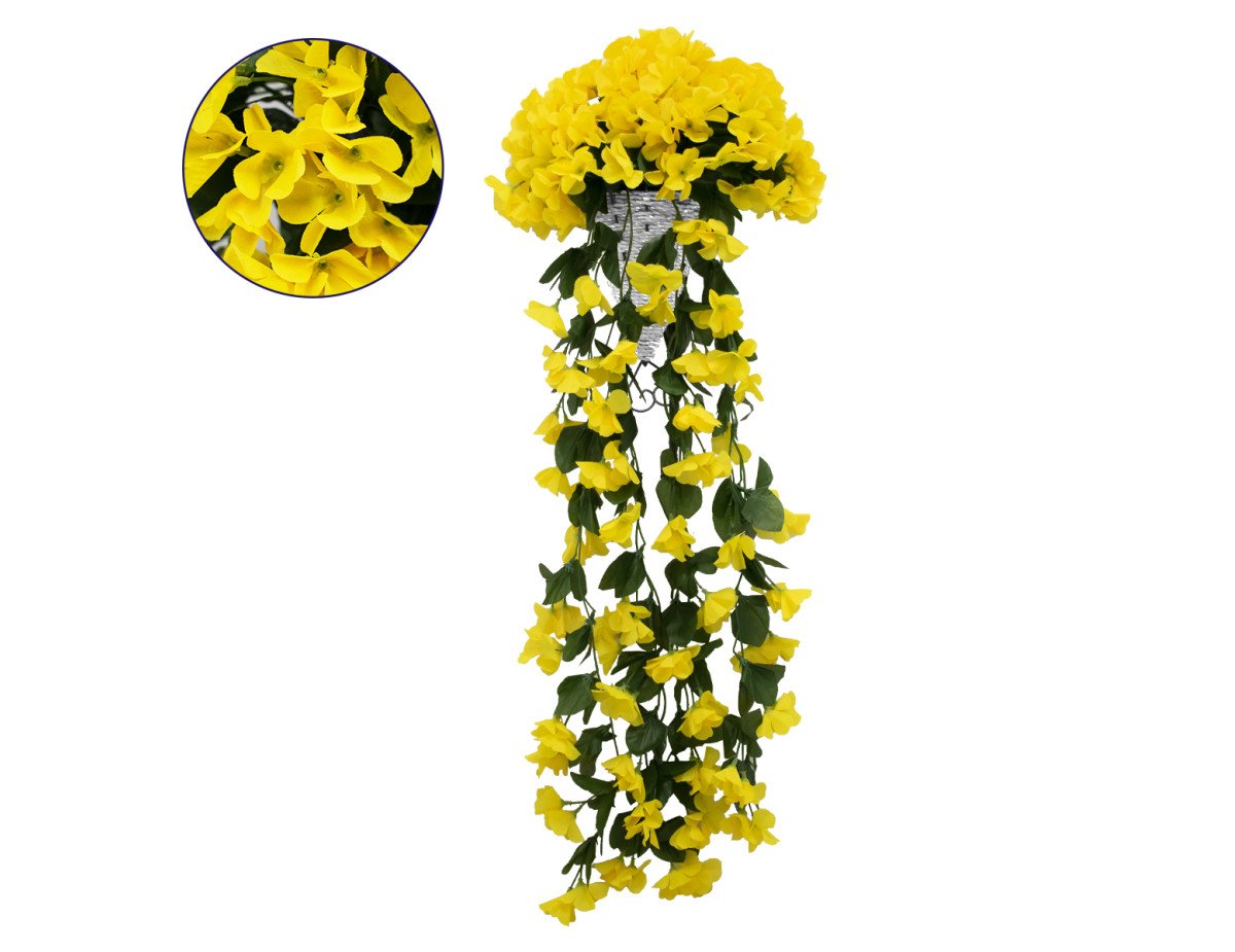 GloboStar® 78054 Τεχνητό Κρεμαστό Φυτό Διακοσμητικών Λουλουδιών με Κίτρινα Φλόξ M30 x Υ80 x Π30cm