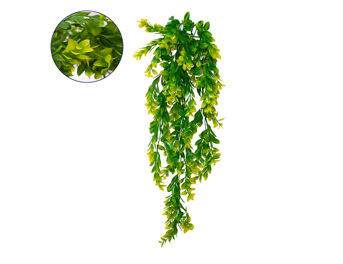 GloboStar® 78059 Τεχνητό Κρεμαστό Φυτό Διακοσμητικών Κλαδιών με Πράσινο και Κίτρινο Φύλλωμα Μυρτιάς Μ30 x Y80 x Π10cm