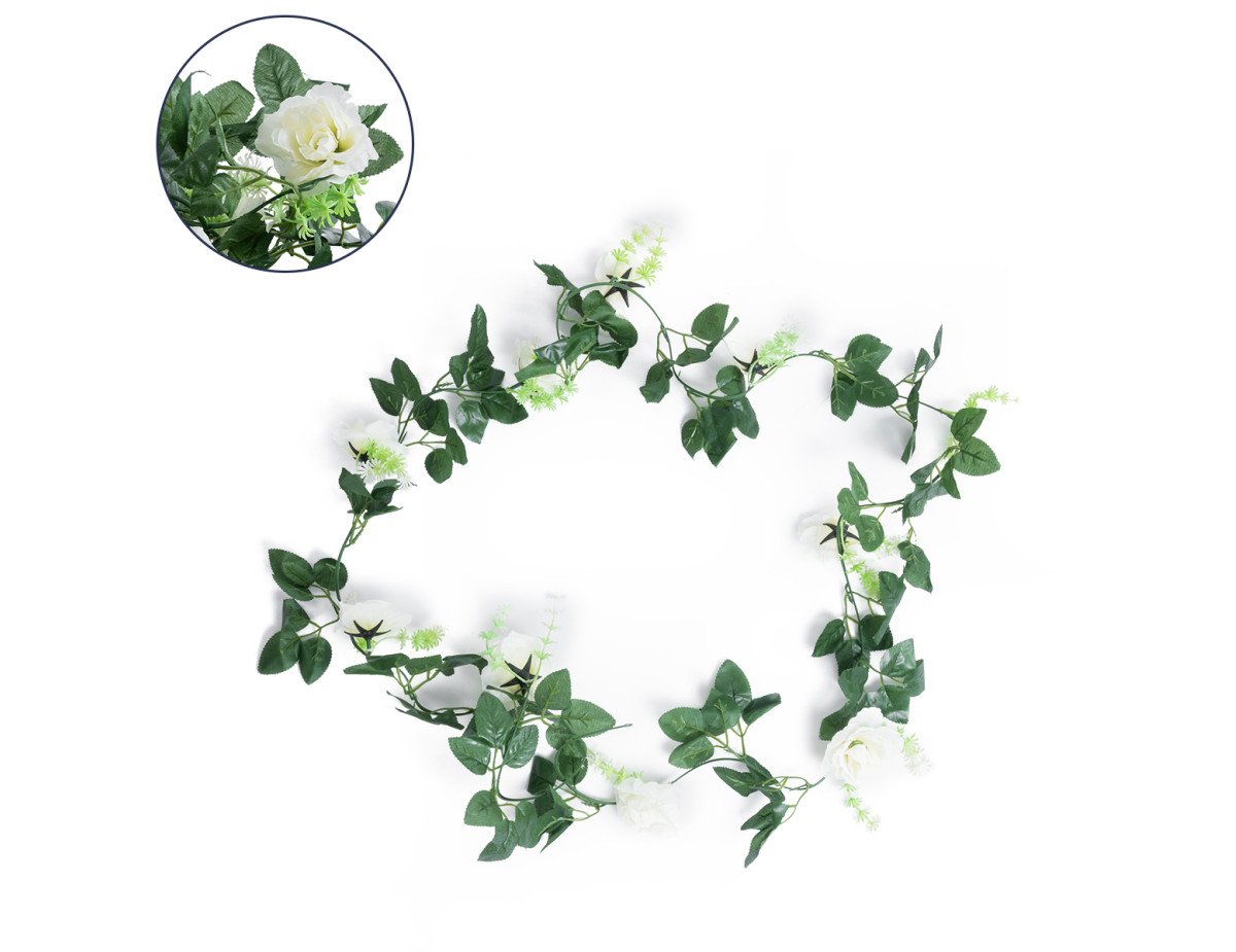 GloboStar® 78131 Τεχνητό Κρεμαστό Φυτό Διακοσμητική Γιρλάντα Λουλουδιών με 10 Λευκά Τριαντάφυλλα & Πράσινο Φύλλωμα Μ12 x Π12 x Υ220cm