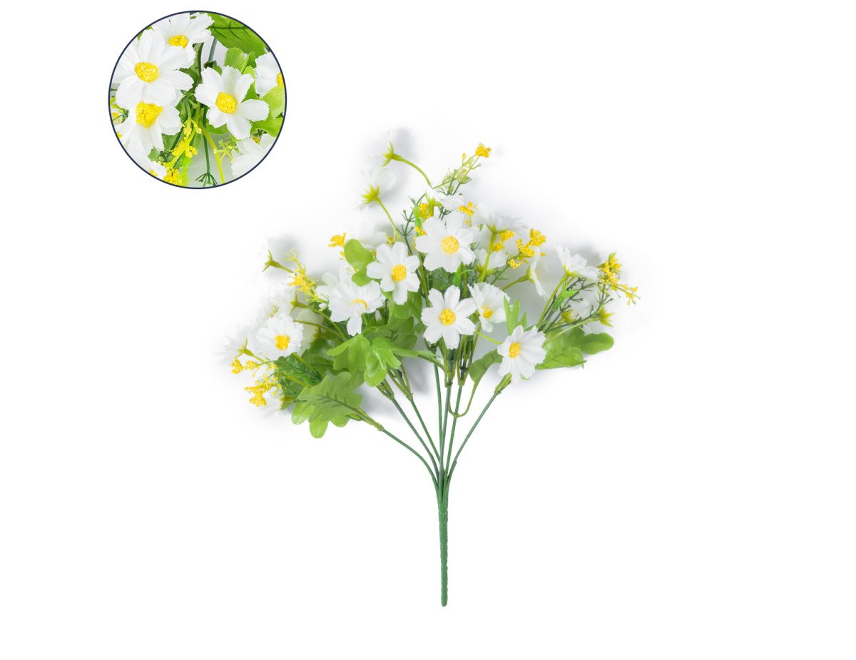 GloboStar® 78200 Τεχνητό Φυτό Μπουκέτο Διακοσμητικών Λουλουδιών με 10 Λευκές και Κίτρινες Μαργαρίτες Μ27 x Π27 x Υ33cm