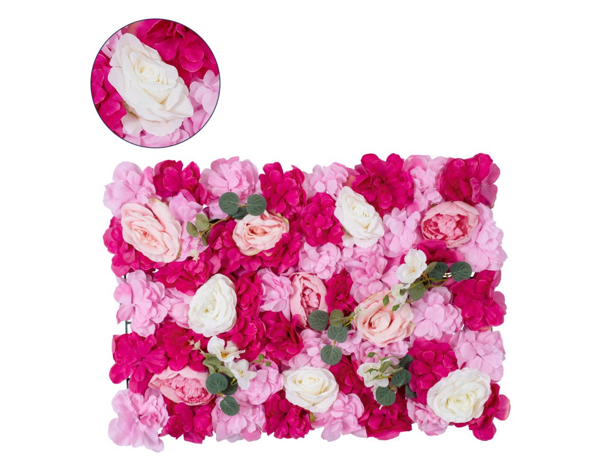 GloboStar® Artificial Garden ROSALIE 78335 Τεχνητό Διακοσμητικό Πάνελ Λουλουδιών - Κάθετος Κήπος σύνθεση Ροζαλί Μ60 x Π40 x Υ6cm