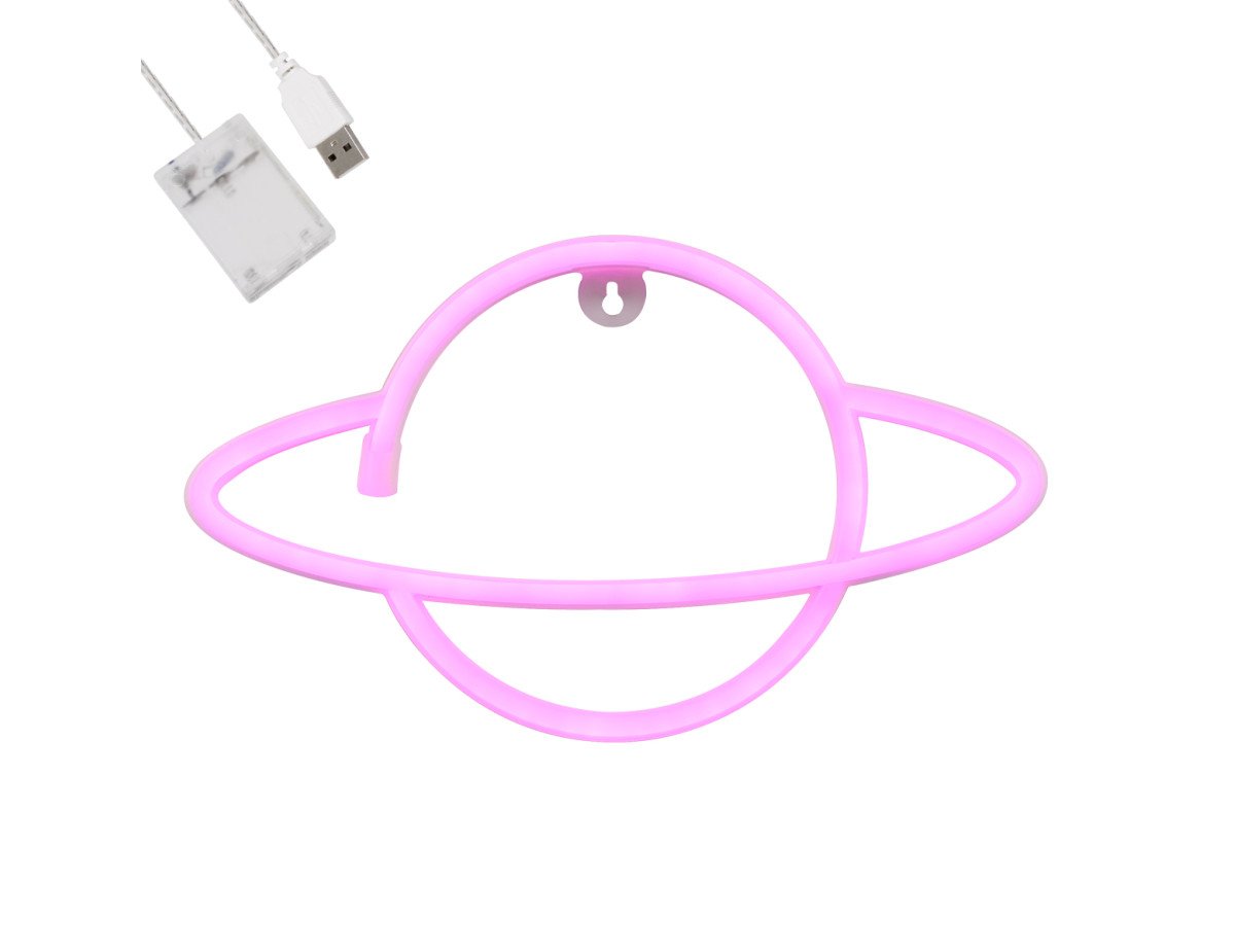 GloboStar® 78588 Φωτιστικό Ταμπέλα Φωτεινή Επιγραφή NEON LED Σήμανσης PLANET SATURN 5W με Καλώδιο Τροφοδοσίας USB - Μπαταρίας 3xAAA (Δεν Περιλαμβάνονται) - Ροζ