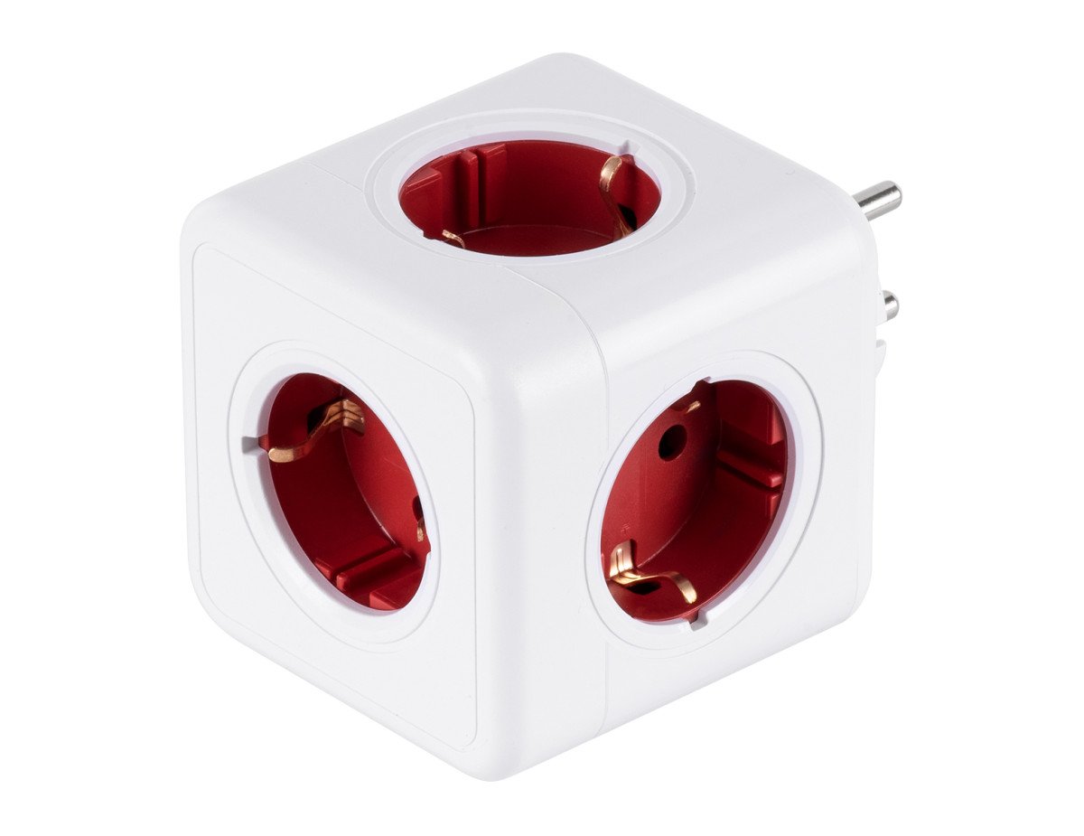 GloboStar® TRAVEL PowerCube PRO Certified 79628 Πολύπριζο 5 Θέσεων με 5 Πρίζες Ασφαλείας Childproof EU Schuko AC 220-240V Μ7.5 x Π11.5 x Υ7.5 - Λευκό με Κόκκινο - Max Load 3680W/16A