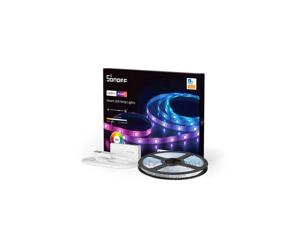 GloboStar® 80099 SONOFF L3-5M-PRO RGBIC Digital IC RGB Smart LED Strip Light WiFi 2.4GHz 90 SMD/M 5050 5m Roll & Power Adapter DC 5V Max 10W