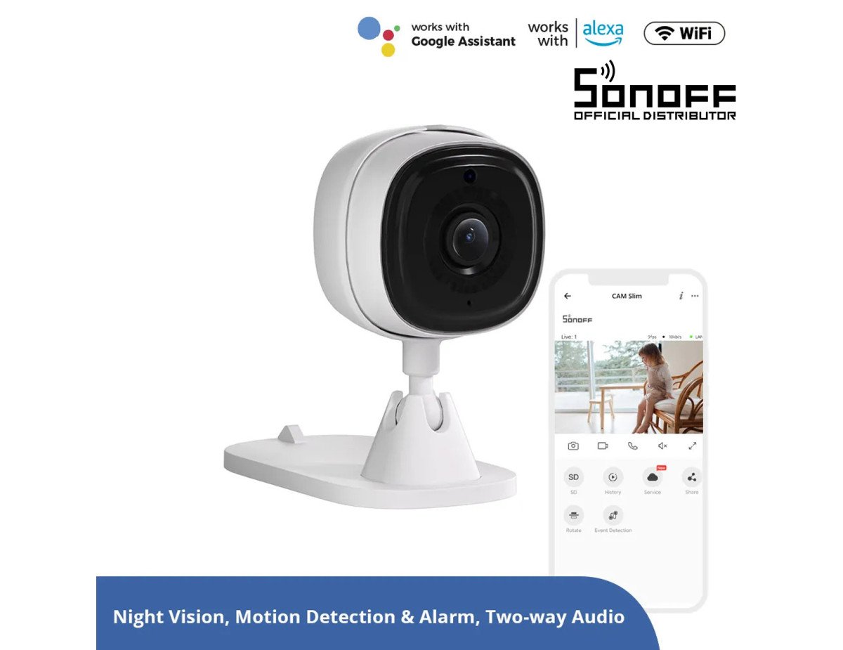 GloboStar® 80105 SONOFF S-CAM Slim Smart Home Security Camera WiFi 2.4GHz 1080P 130° Two Way Audio - Local & Cloud Storage - Nigh Vision - Motion Detection - Motion Alarm DC 5V 1A