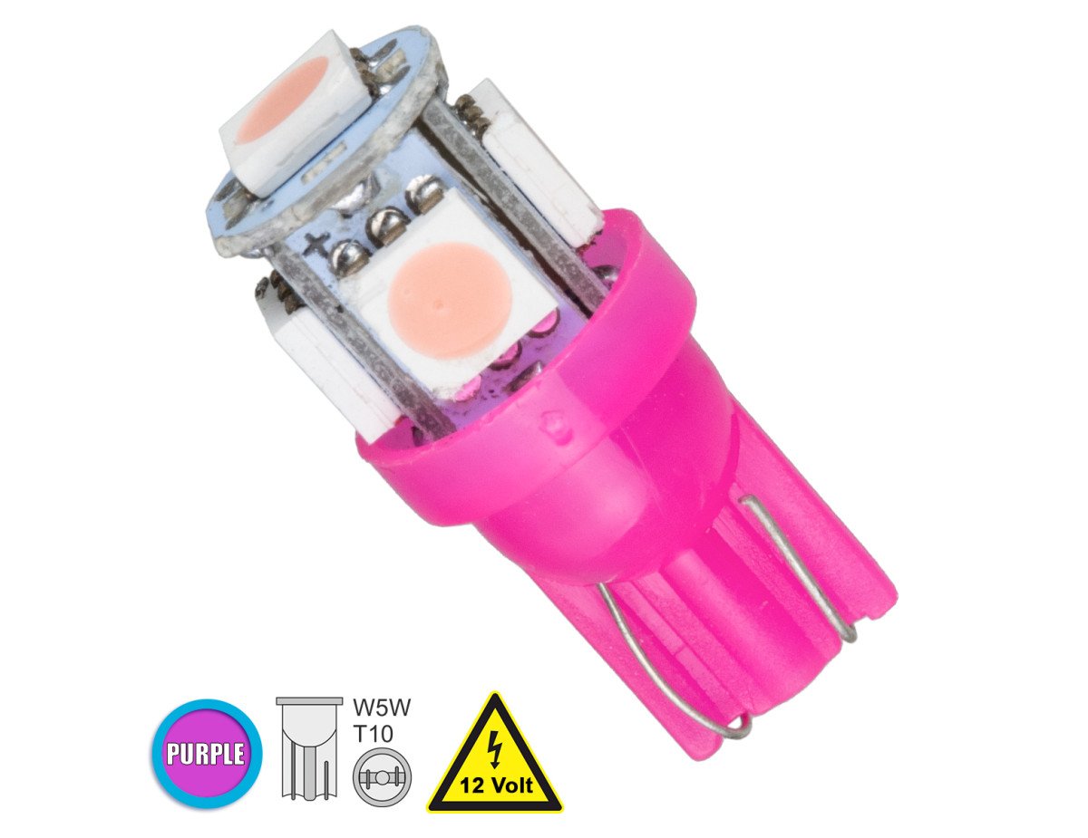 GloboStar® 81055 Λάμπα Αυτοκινήτου LED T10 W5W 5xSMD5050 1.3W 80lm 360° DC 12-16V IP20 Φ1.2 x Υ2.7cm Ροζ