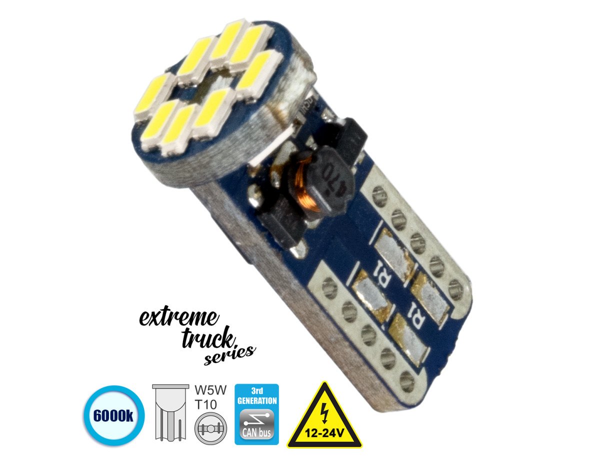 GloboStar® 81104 Λάμπα Αυτοκίνητου T10 W5W 3rd Generation Can-Bus Extreme Truck Series LED 12 SMD 3014 3.2W 480lm 360° DC 12-24V IP20 Ψυχρό Λευκό 6000K