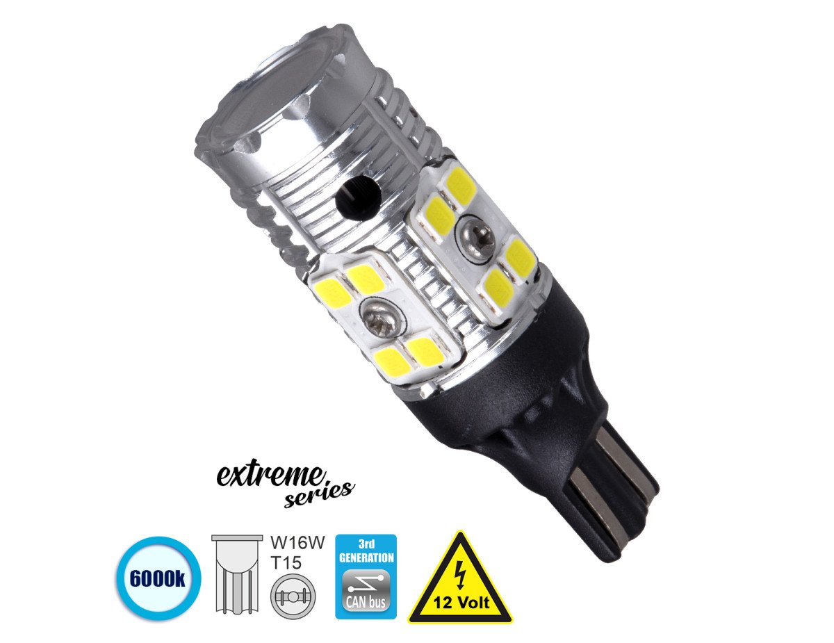 GloboStar® 81131 Λάμπα Αυτοκίνητου T15 - W16W 3rd Generation Can-Bus Extreme Series LED 16 SMD 3030 13W 1950lm 360° DC 12V IP20 Ψυχρό Λευκό 6000K