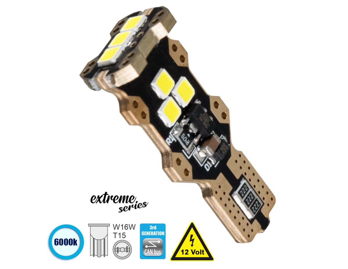 GloboStar® 81132 Λάμπα Αυτοκίνητου T15 - W16W 3rd Generation Can-Bus Extreme Series LED 9 SMD 3030 8W 1200lm 360° DC 12V IP20 Ψυχρό Λευκό 6000K