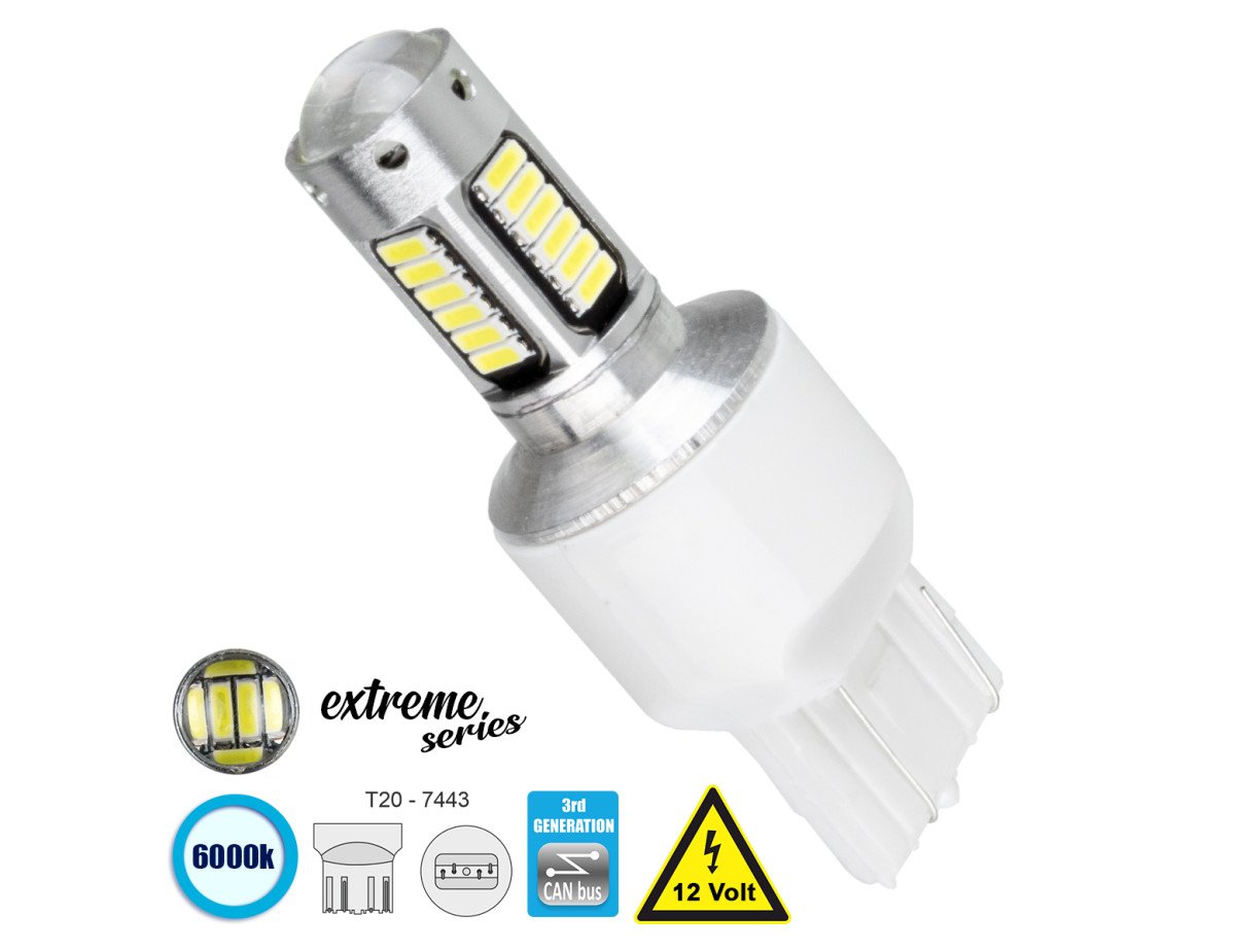 GloboStar® 81148 Λάμπα Αυτοκίνητου T20 - 7443 - W21/5W 3rd Generation Can-Bus Extreme Series LED 30 SMD 4014 6W 900lm 360° DC 12V IP20 Ψυχρό Λευκό 6000K