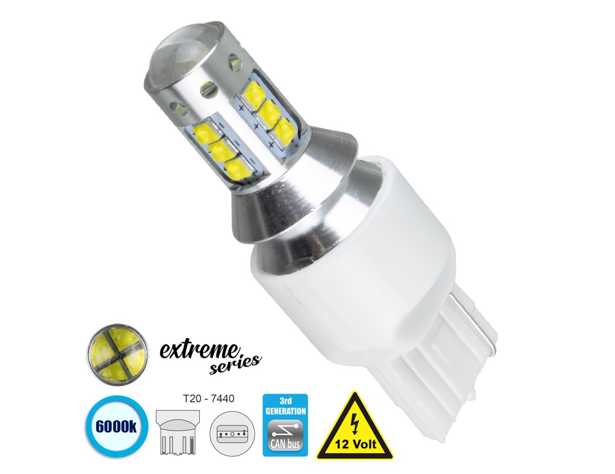 GloboStar® 81165 Λάμπα Αυτοκίνητου T20 - 7440 - W21W 3rd Generation Can-Bus Extreme Series LED 16 CREE XBD 15W 2115lm 360° DC 12V IP20 Ψυχρό Λευκό 6000K