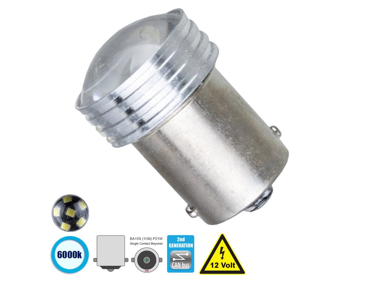 GloboStar® 81204 Λάμπα Αυτοκίνητου 1156 - BA15S - P21W 2nd Generation Can-Bus Series LED 6 SMD 2835 3W 450lm 120° DC 12V IP20 Ψυχρό Λευκό 6000K