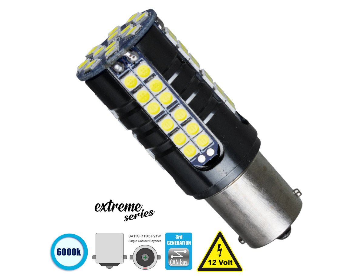 GloboStar® 81250 Λάμπα Αυτοκίνητου 1156 - BA15S - P21W 3rd Generation Can-Bus Extreme Series LED 66 SMD 3030 15W 2250lm 360° DC 12V IP20 Ψυχρό Λευκό 6000K