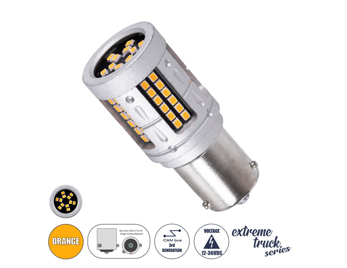 GloboStar® 81279 Λάμπα Αυτοκινήτου & Φορτηγού LED 7507 - BAU15S - PY21W 3rd Generation Can-Bus Extreme Truck Series LED 72xSMD3030 7W 840lm 360° DC 12-36V IP20 Φ2 x Υ5cm Πορτοκαλί