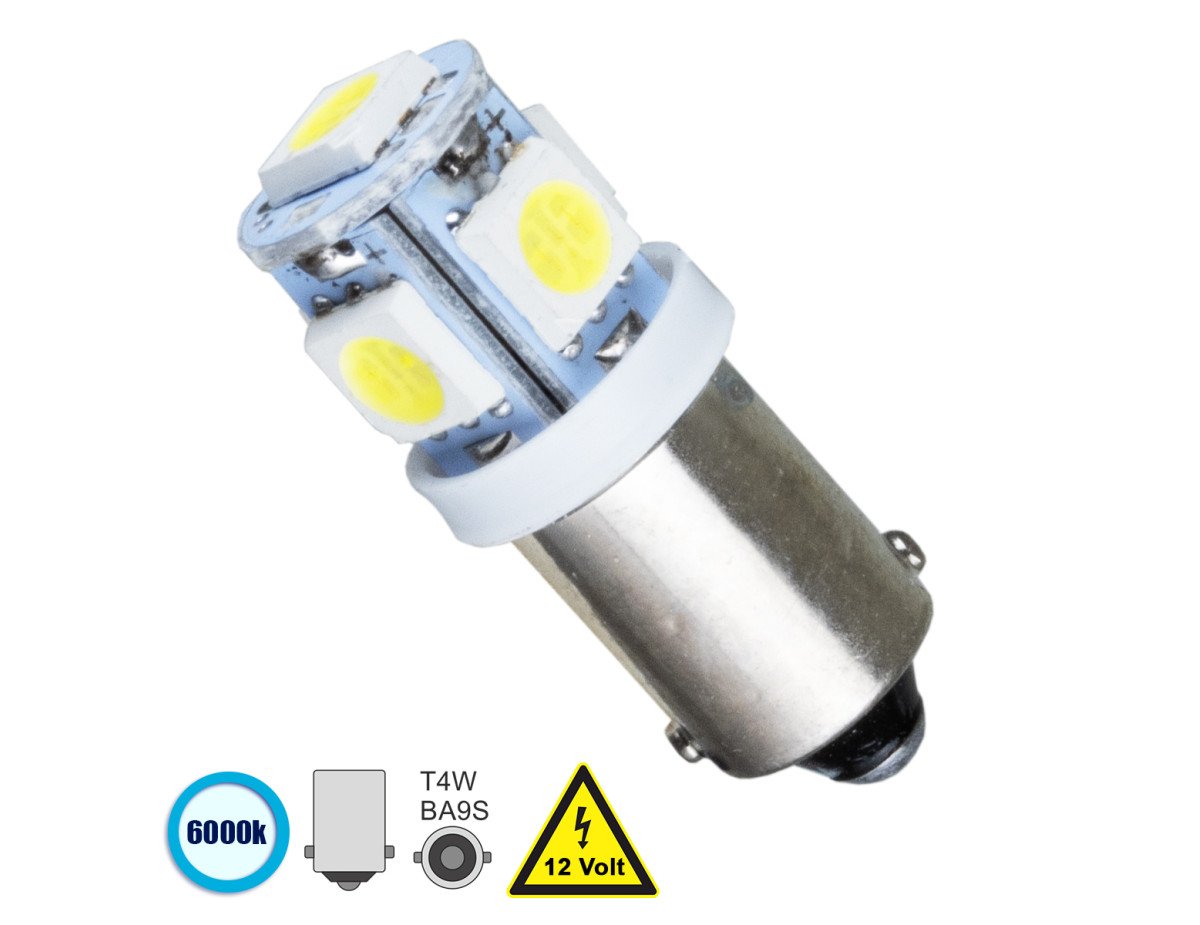 GloboStar® 81284 Λάμπα Αυτοκίνητου BA9S - T4W LED 5 SMD 5050 2W 300lm 360° DC 12V IP20 Ψυχρό Λευκό 6000K