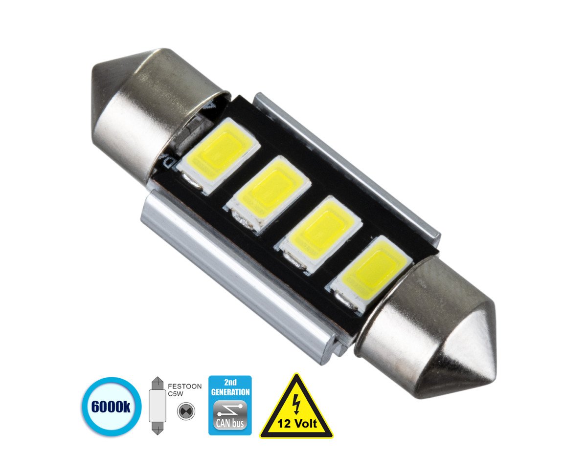 GloboStar® 81312 Λάμπα Αυτοκίνητου 36mm FESTOON - C5W 2nd Generation Can-Bus Series LED 4 SMD 5630 3W 450lm 120° DC 12V IP20 Ψυχρό Λευκό 6000K