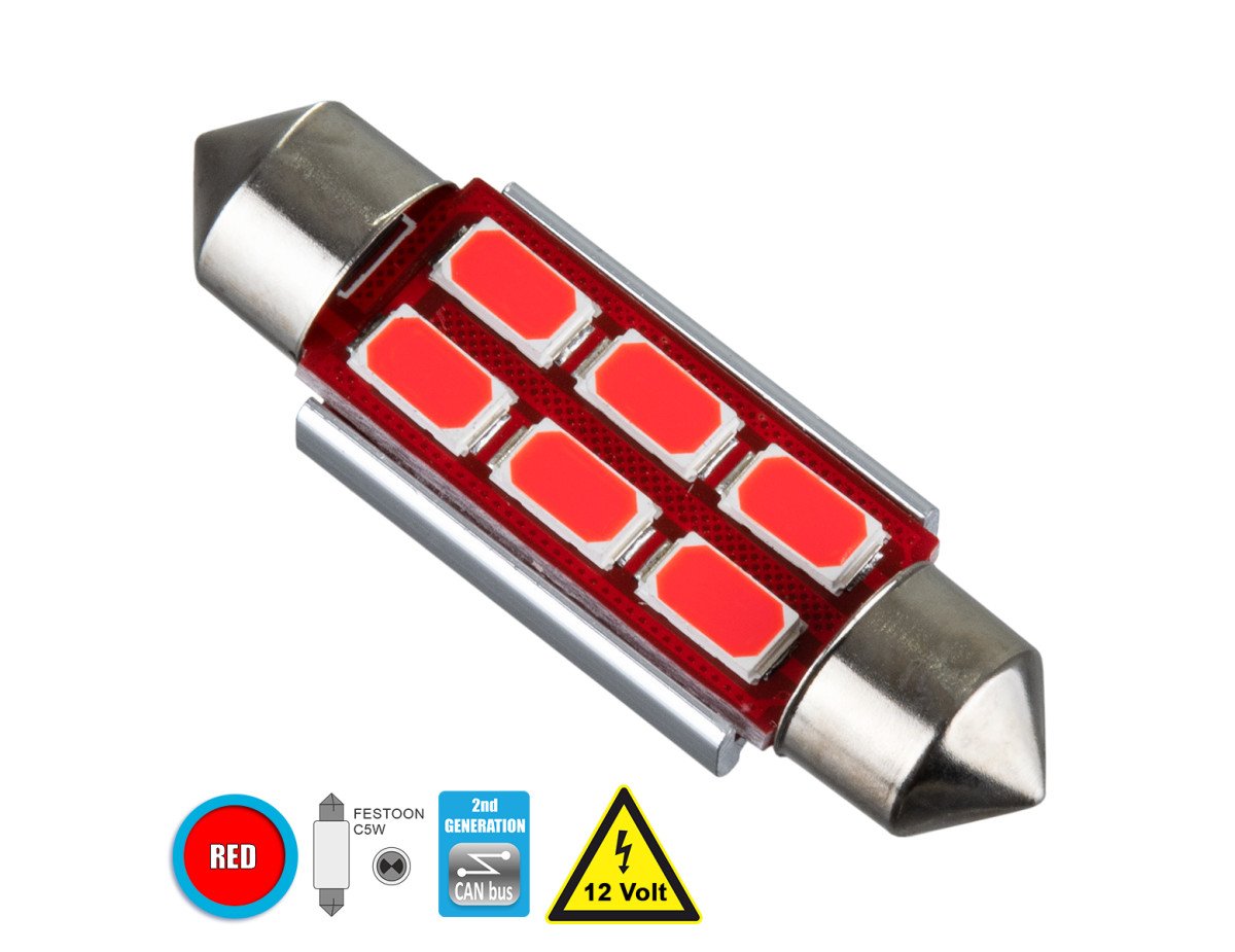 GloboStar® 81318 Λάμπα Αυτοκίνητου 39mm FESTOON - C5W 2nd Generation Can-Bus Series LED 6 SMD 5630 4W 480lm 120° DC 12V IP20 Κόκκινο