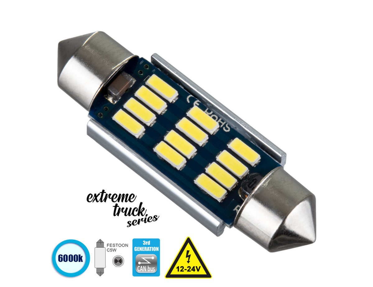 GloboStar® 81330 Λάμπα Αυτοκινήτου & Φορτηγού 39mm FESTOON - C5W 3rd Generation Can-Bus Extreme Truck Series LED 12 SMD 4014 3.6W 540lm 120° DC 12-24V IP20 Ψυχρό Λευκό 6000K