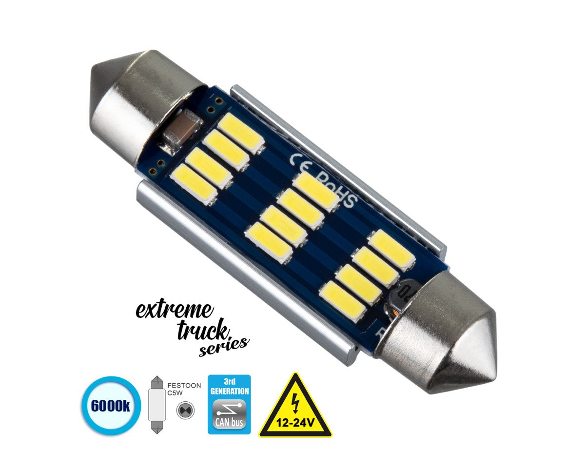 GloboStar® 81331 Λάμπα Αυτοκινήτου & Φορτηγού 42mm FESTOON - C5W 3rd Generation Can-Bus Extreme Truck Series LED 12 SMD 4014 3.6W 540lm 120° DC 12-24V IP20 Ψυχρό Λευκό 6000K