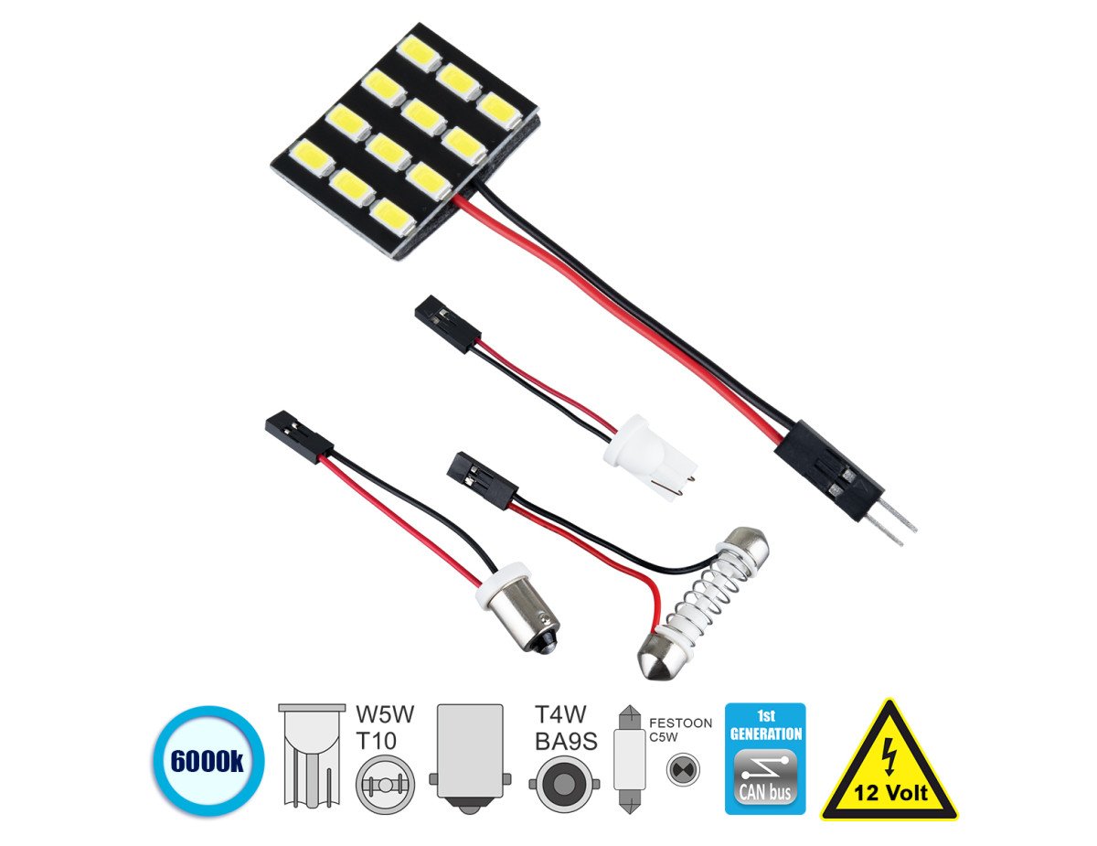 GloboStar® 81402 Λάμπα Αυτοκινήτου LED PCB PLATE - T10 - W5W - BA9S - T4W - FESTOON - C5W 1st Generation Can-Bus Series LED 12 SMD 5630 4W 600lm 120° DC 12V IP20 Ψυχρό Λευκό 6000K