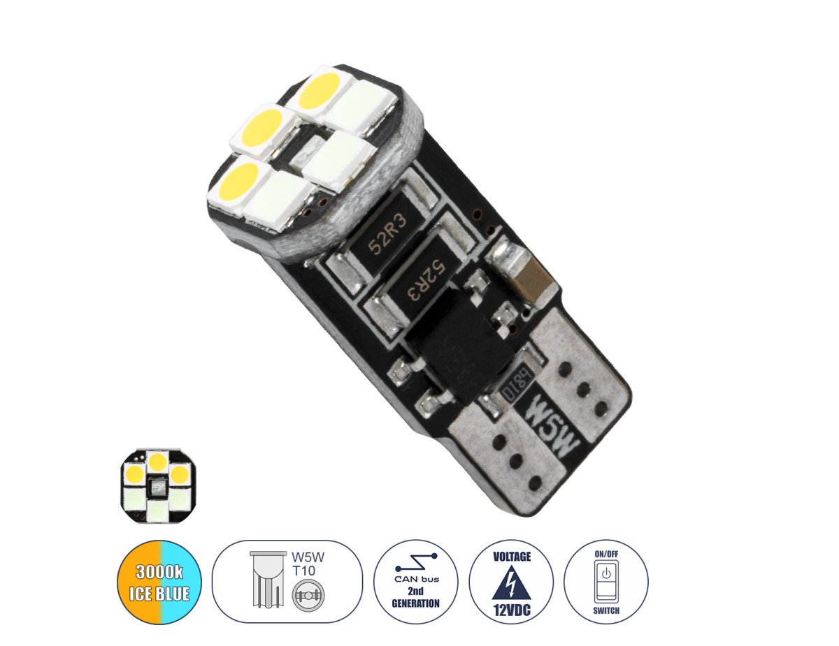 GloboStar® 81466 Λάμπα Αυτοκινήτου LED 3 Stage Color Change by Switch On/Off T10 W5W 2rd Generation Can-Bus Series 10xSMD3535 1.3W 156lm 360° DC 10-48V IP20 Μ1 x Π1 x Υ2.5cm Θερμό Λευκό 3000K & Ice Blue