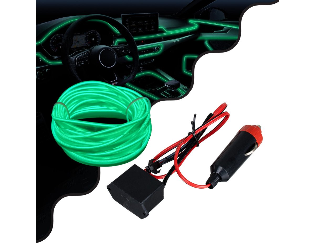 GloboStar® 82209 TUBE 360° Degree Διακοσμητική EL-Wire Neon Αυτοκινήτου Κορδόνι ΣΕΤ 3m 1W/3m 30lm/m 360° DC 12V με Βύσμα Αναπτήρα Αυτοκινήτου Αδιάβροχη IP68 Πράσινο