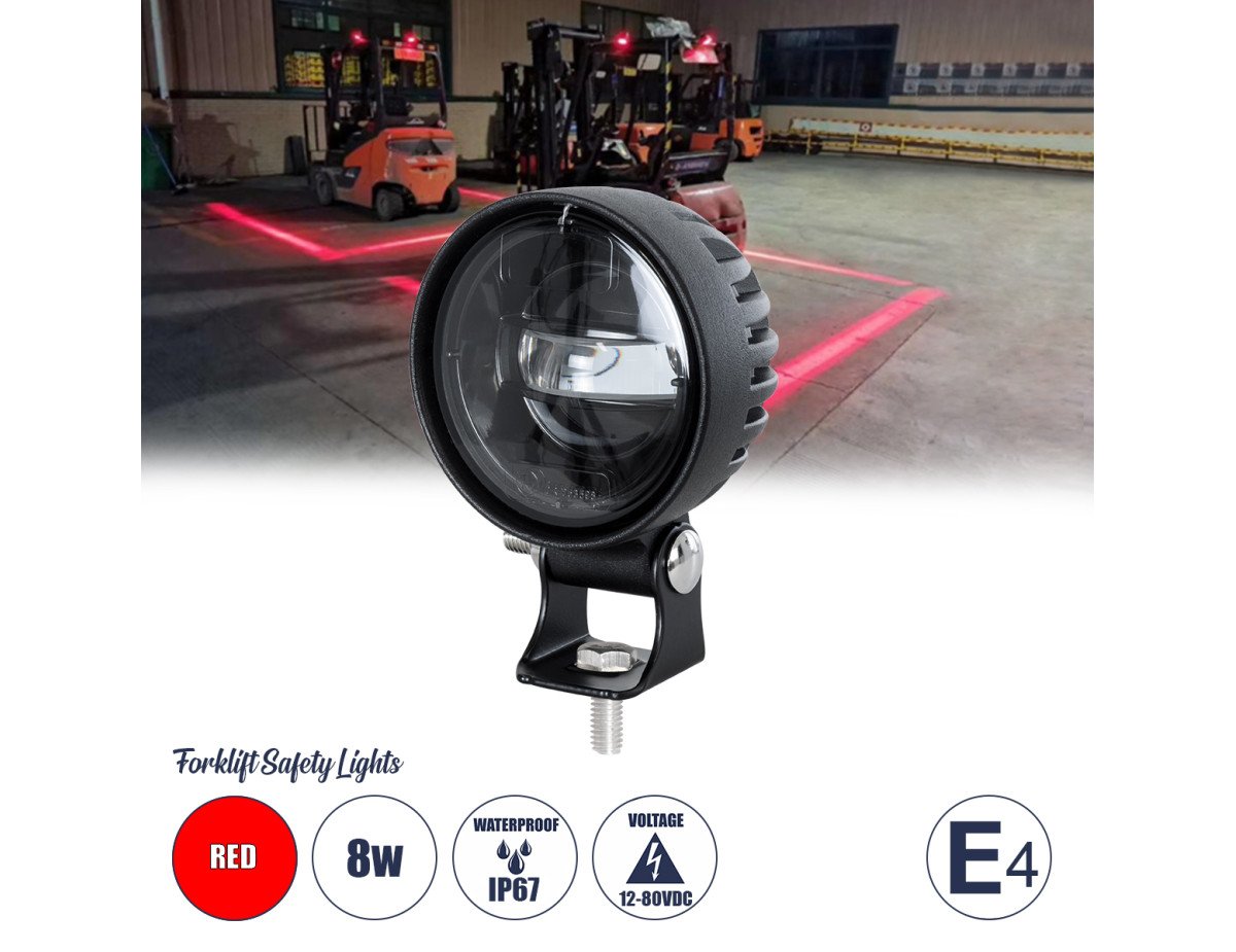 GloboStar® 85340 E4 Mark Forklift Safety Lights - Φώτα Προειδοποίησης & Διαγράμμισης Ασφαλείας για Περονοφόρα - Κλάρκ LED 8W DC 12-80V Αδιάβροχο IP67 Κόκκινο Μ8.5 x Π6.5 x Υ12cm