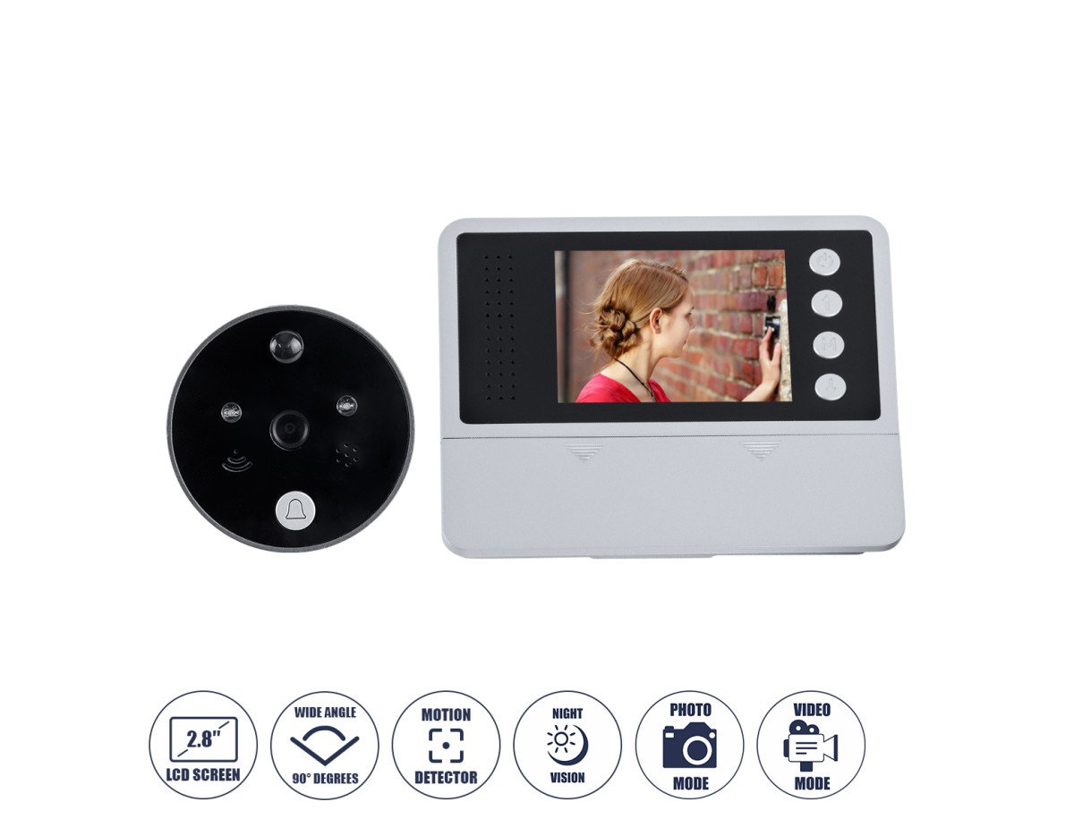 GloboStar® 86017 Ψηφιακή Έξυπνη Camera Εξώπορτας 90° Μοιρών με Έγχρωμη Οθόνη 2.8 Inches - Νυχτερινή Όραση με LED IR - Κουδούνι - Εσωτερική Μνήμη Αποθήκευσης - Λειτουργεί με 4 Μπαταρίες AAA