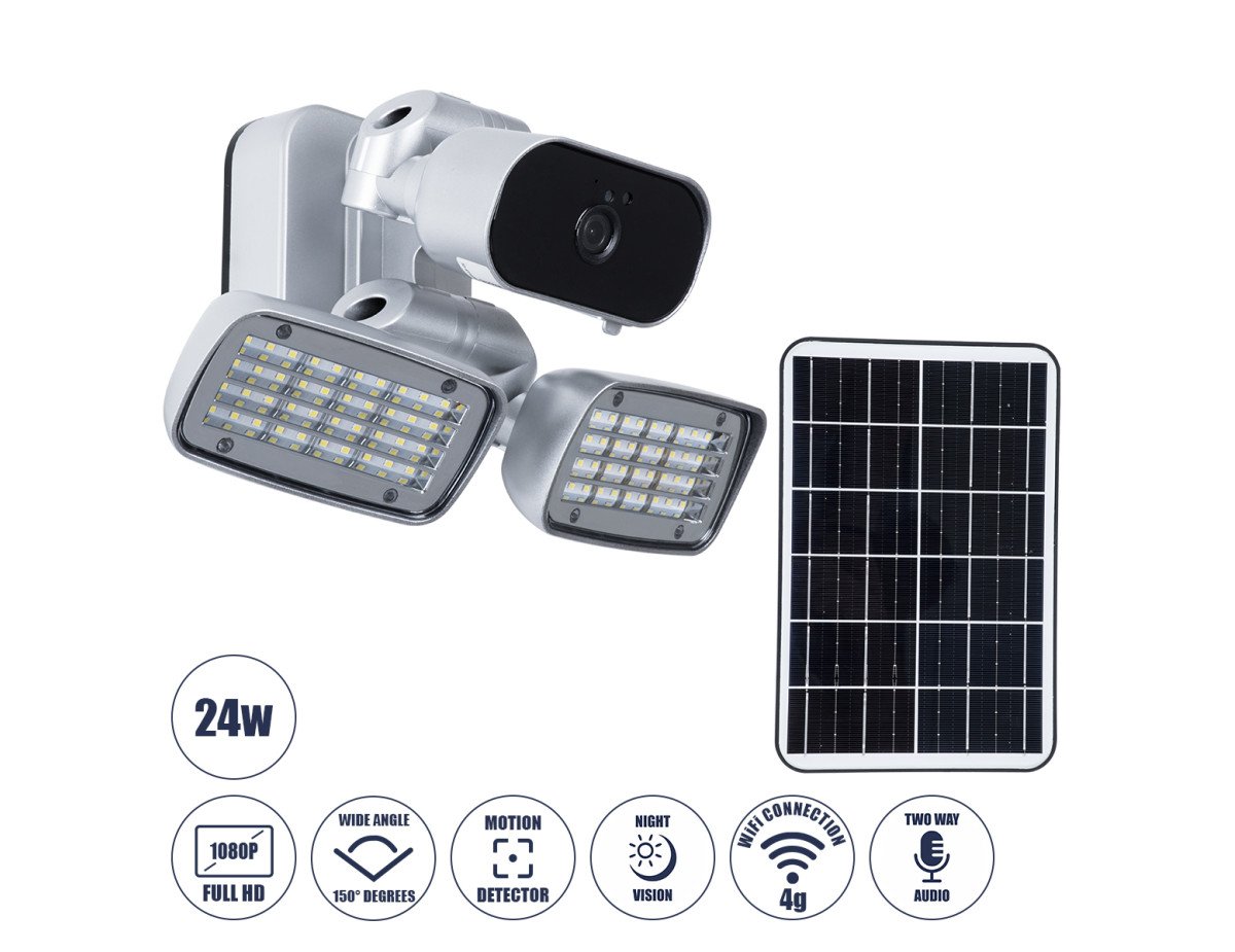 GloboStar® 86045 Αυτόνομος Ηλιακός Προβολέας LED SMD 24W 1200lm με IP Camera 1080P 2MP 4G SIM CARD WiFi 150° Ενσωματωμένη Μπαταρία 3200mAh Φωτοβολταϊκό Πάνελ Αισθητήρα Ημέρας-Νύχτας & Ρύθμιση Χρόνου Ανάμματος Αδιάβροχος IP66 Ψυχρό Λευκό 6000K - Ασημί