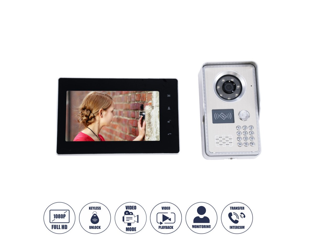 GloboStar® 86061 Σετ Θυροτηλεόρασης με Έγχρωμη Οθόνη Αφής 7 και Κάμερα 1080P HD & 4 Επαγωγικά Κλειδιά για Ηλεκτρονικές Κλειδαριές - Μαύρο - Ασημί