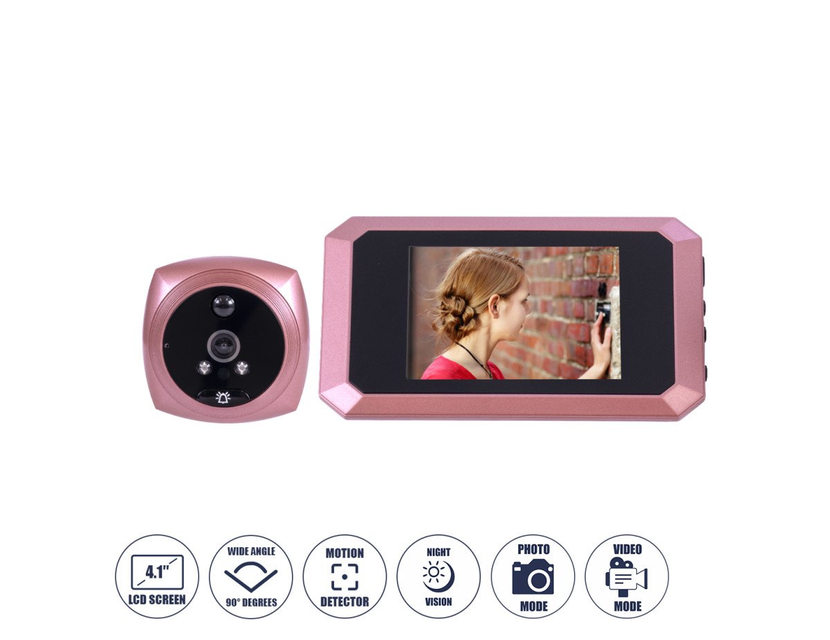GloboStar® 86064 Επαναφορτιζόμενη Ψηφιακή Έξυπνη Camera Εξώπορτας 90° Μοιρών με Έγχρωμη Οθόνη 4.1 Inches - USB - Νυχτερινή Όραση με LED IR - Κουδούνι - Ροζ
