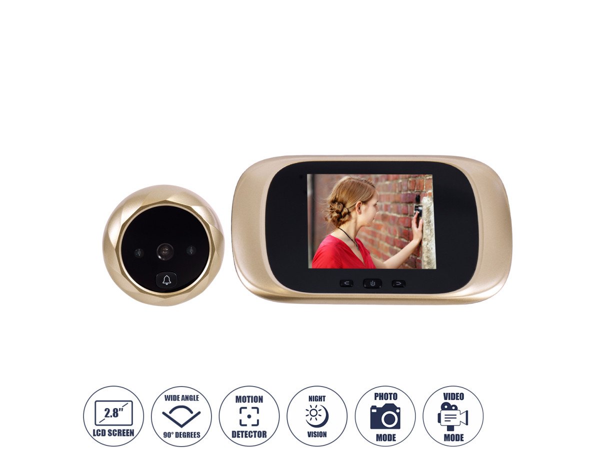 GloboStar® 86068 Επαναφορτιζόμενη Ψηφιακή Έξυπνη Camera Εξώπορτας 90° Μοιρών με Έγχρωμη Οθόνη 2.8 Inches - USB - Νυχτερινή Όραση με LED IR - Κουδούνι - Χρυσό
