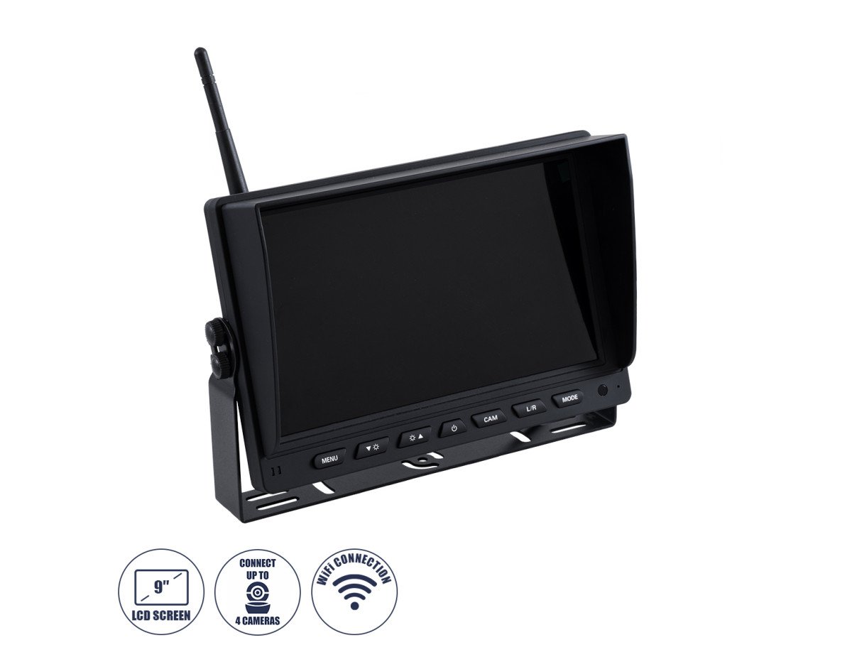 GloboStar® 86069 Έγχρωμη Οθόνη 9 WiFi για Αυτοκινητο - Φορτηγό DC 12-24V - για Σύνδεση έως 4 WiFi Κάμερες 1080P HD Οπισθοπορείας - Μαύρο