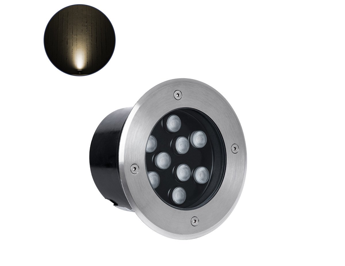 GloboStar® UNDERGROUND-TINA 90664 Χωνευτό Φωτιστικό Σποτ Δαπέδου LED 9W 990lm 30° DC 24V Αδιάβροχο IP65 Φ16 x Υ9cm Θερμό Λευκό 2700K - Ανοξείδωτο Ατσάλι - 3 Χρόνια Εγγύηση