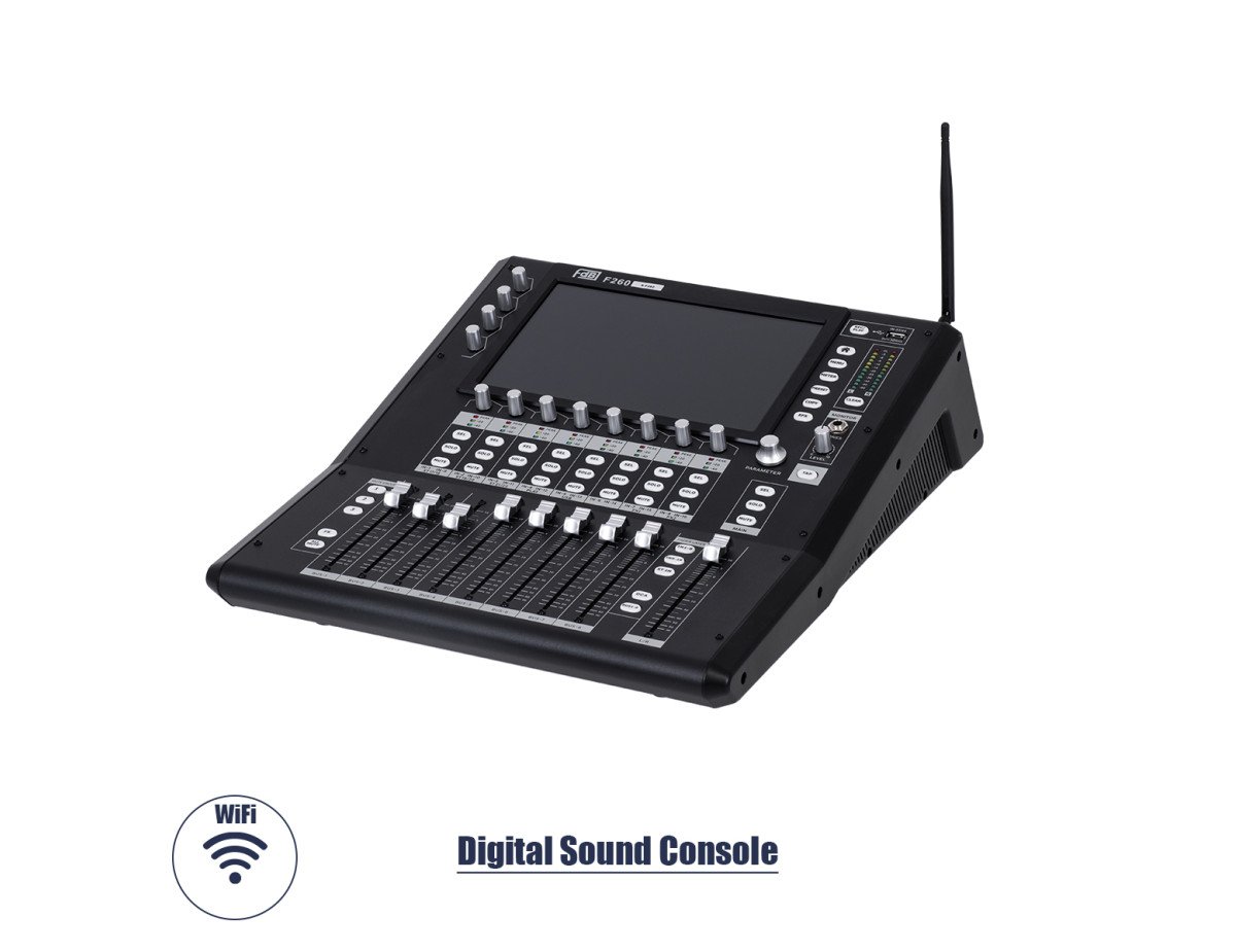 GloboStar® FDB F260 98023 Multifunctional Digital Mixer Audio Console 24Ch - Επαγγελματική Ψηφιακή Κονσόλα Ήχου 16Ch Audio In / 8Ch Audio Out / 8Ch BUS Out - Οθόνη Αφής 10 HD - Wifi Smart System - UDP - AC 220V/50-60Hz - IP20 - Μαύρο - Μ38 x Π49 x Υ