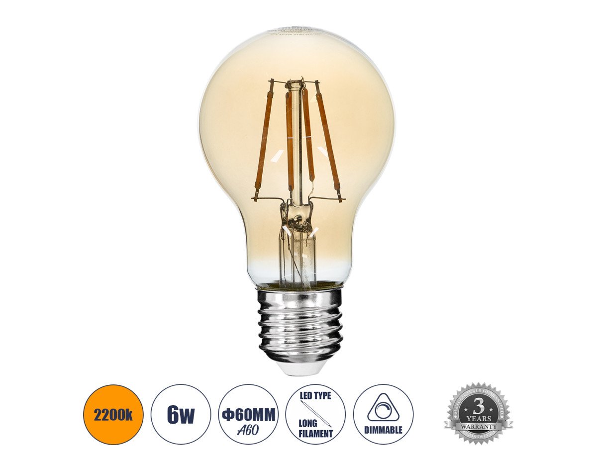 GloboStar® 99036 LED Long Filament Bulb E27 A60 Globe 6W 550lm 360° AC 220-240V IP20 D6 x H10.5cm Ultra Θερμό Λευκό 2200K με Μελί Γυαλί - Dimmable - 3 Years Warranty