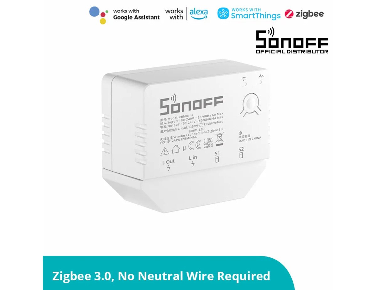 GloboStar® 80069 SONOFF ZBMINI-L - Zigbee Wireless 1-Gang Smart Switch - No Neutral Wire Required 6A/1380W