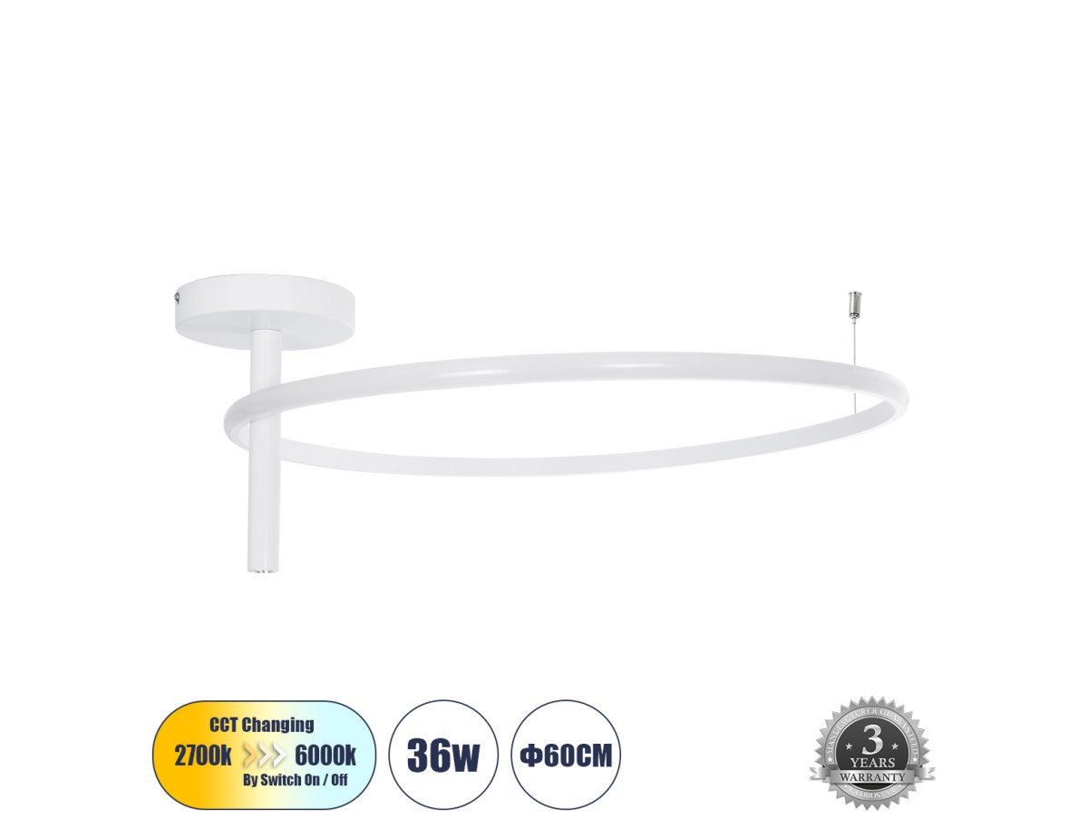 GloboStar® VERONA 61224 Φωτιστικό Οροφής Δαχτυλίδι-Κύκλος LED CCT 36W 4032lm 360° AC 220-240V - Εναλλαγή Φωτισμού μέσω Διακόπτη On/Off All In One Ψυχρό 6000k+Φυσικό 4500k+Θερμό 2700K Φ60 x Υ23cm - Λευκό - 3 Χρόνια Εγγύηση