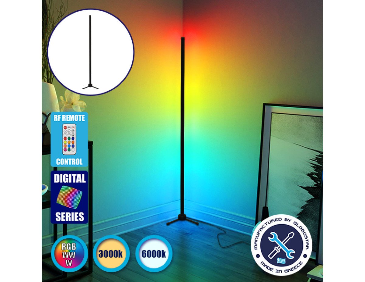 Μοντέρνο Minimal Επιδαπέδιο Μαύρο Φωτιστικό 100cm LED 16 Watt με Ασύρματο Χειριστήριο 2.4G RF & Dimmer RGBW+WW Πολύχρωμο Digital Magic Dot Pixel GloboStar ALIEN Design GLOBO-100-11