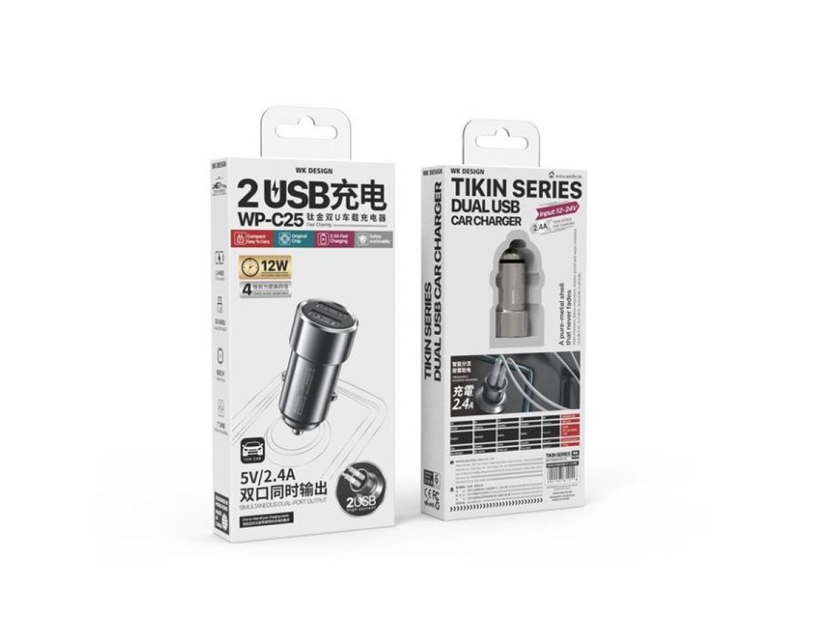 Car Charger WK 12W Dual USB 2.4A Silver WP-C25