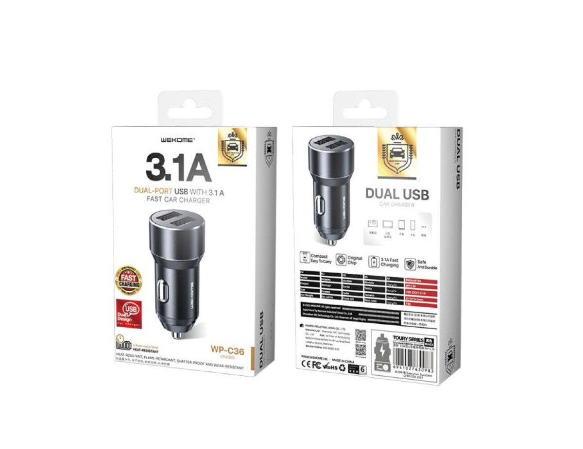 Car Charger WK 15W Dual USB 3.1A Toury Black WP-C36